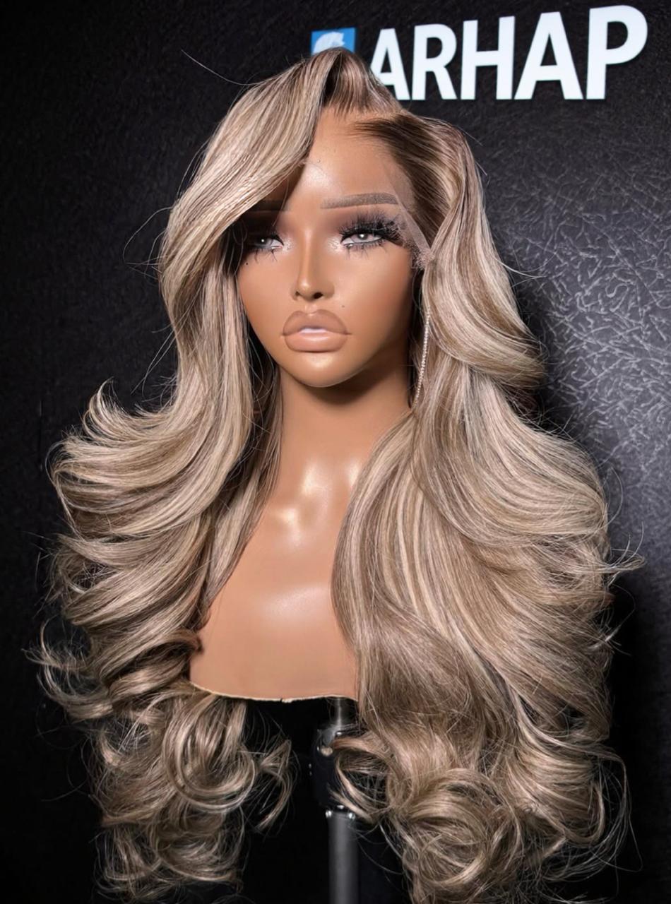 Ash Blonde & Sandy Beige Highlights 6x6 HD CLosure with non Permanent BodyWaves