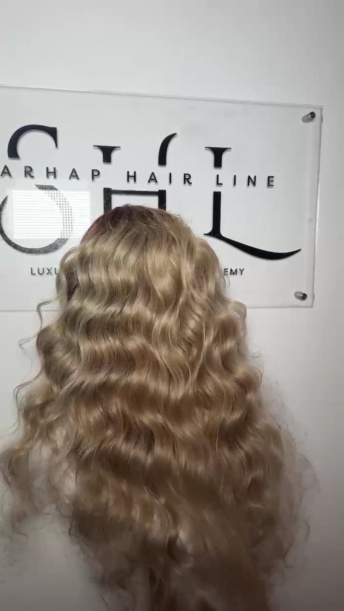 Full Frontal Ashley Blonde Premium Vietnamese with non Permanent crimpers curls