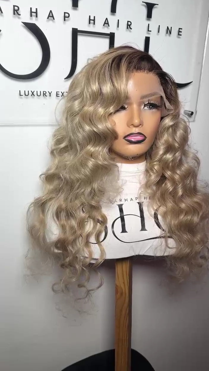 Full Frontal Ashley Blonde Premium Vietnamese with non Permanent crimpers curls