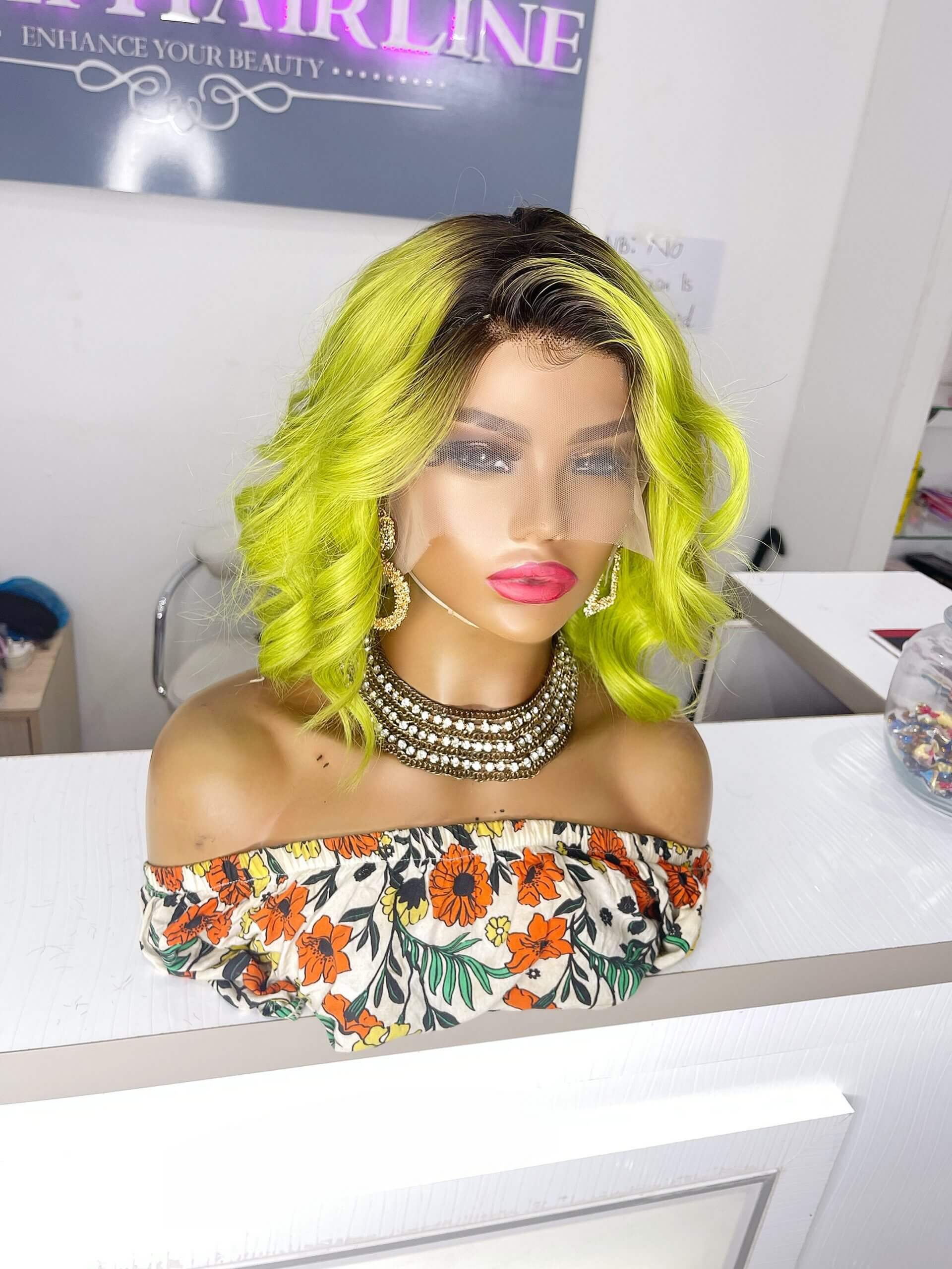 Lime green blonde wig