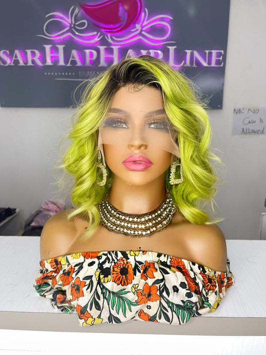 Lime green blonde wig